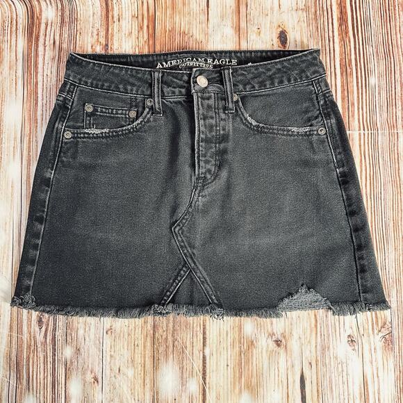 American Eagle Outfitters Dresses & Skirts - American Eagle Size 0 Black Jean Denim Button Fly Raw Hem Mini Skirt 27X13